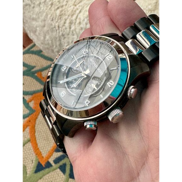 Michael Kors Runway Two-Tone Chronograph Gunmetal Dial Quartz Watch - Picture 10 of 11